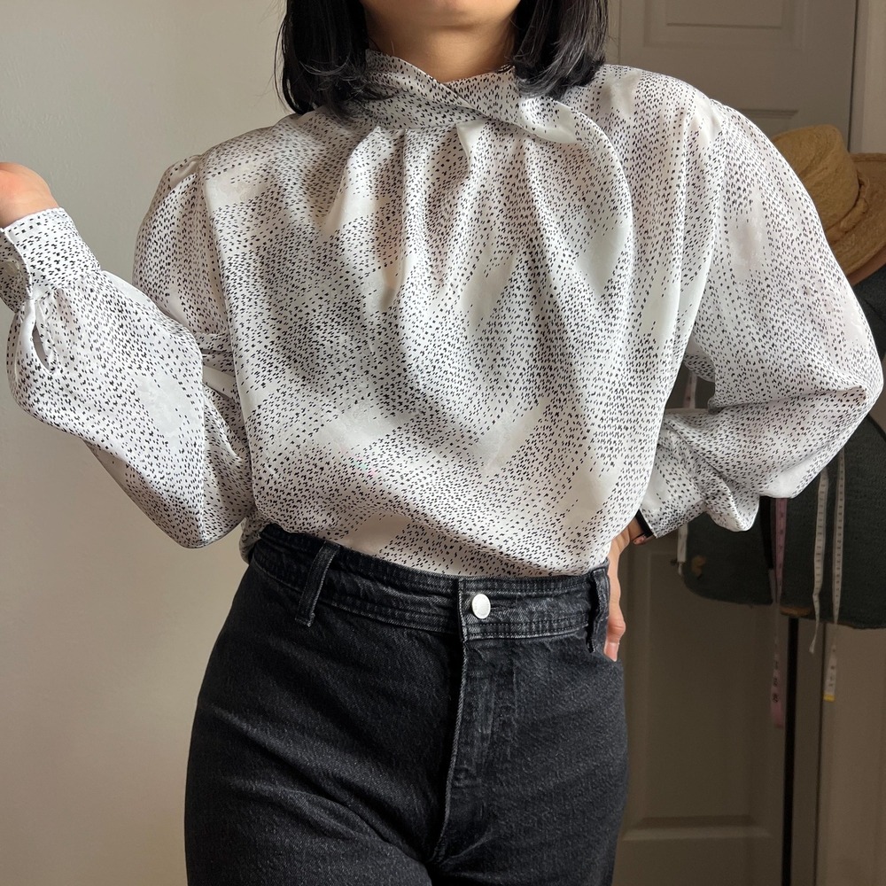 Vintage 80s High Neck Blouse Black and White Abstract Print Petite Top Nordstrom